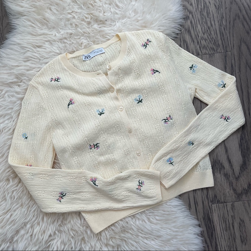 Zara Cream Floral Embroidered Cardigan